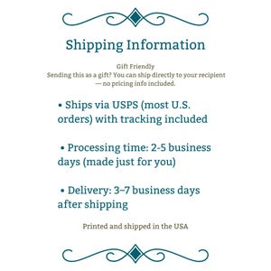 May include: White background with the text "Shipping Information" in a dark teal color. The text includes information about shipping via USPS, processing time, and delivery time. Decorative teal flourishes are at the top and bottom.