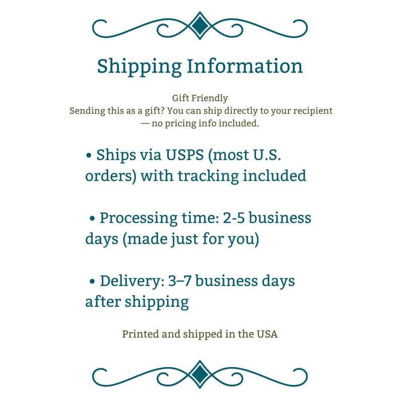 May include: White background with the text "Shipping Information" in a dark teal color. The text includes information about shipping via USPS, processing time, and delivery time. Decorative teal flourishes are at the top and bottom.