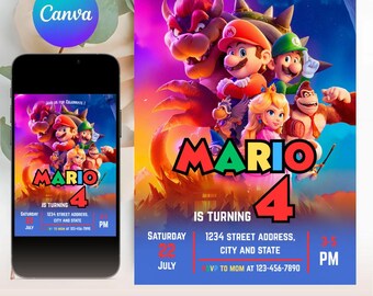 Mario Bros verjaardagsuitnodiging, Super Mario verjaardagskaart, Super Brothers jongen uitnodigen, videogame, kinderen uitnodigen, afdrukbare bewerkbare sjabloon