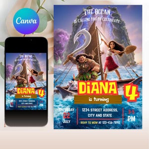 Editable Moana Birthday Party Invitation, Digital Printable Moana Birthday Invite, Moana Invitation Template, Canva, Instant Download