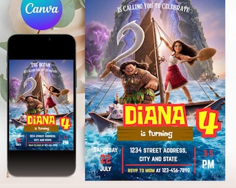 Editable Moana Birthday Party Invitation, Digital Printable Moana Birthday Invite, Moana Invitation Template, Canva, Instant Download