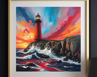 Lighthouse Seascape Colorful Vibrant Digital Painting, Abstract Seascape Painting, Large Wall Art, Boho Decor,  AI Generated, AI Art