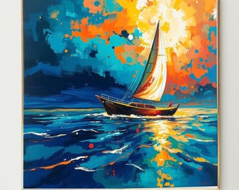 Sail Boat Digital Painting Wall Art, Colorful Ocean Digital Print, Abstract Nautical Seascape Painting for Home Decor