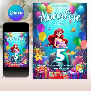 Editable Little Mermaid Birthday Invitation: Ariel Party, Canva Template (Digital Download 5x7 in