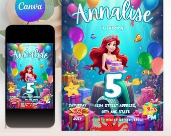 Editable The Little Mermaid Birthday Party Invitation, Ariel Birthday Party Invite, Little Mermaid Birthday Invites, Editable on Canva