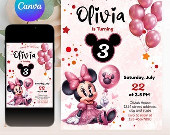 Editable Pink Minnie Mouse Birthday Invitation, Watercolor Girls Birthday Invitation, Printable Invitation, Pink Minnie Invitation, Canva