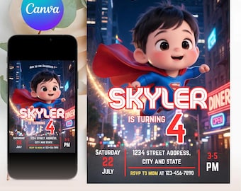 Editable Superman Birthday Invitation Template, Super Hero Birthday Super Man Birthday Invite, Avengers Party Editable Template, Canva