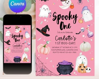 Halloween 1st Birthday Invitation Bundle Pink, Halloween Spooky One Invite Girl, Halloween 1st Birthday Party Decorations Printable Pink