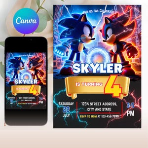 May include: A birthday party invitation featuring Sonic the Hedgehog characters. The design includes the name "Skyler" and the number "4" in a gold banner. Additional details include the date, time, address, and RSVP information.