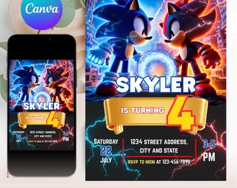 Sonic 3 uitnodiging voor verjaardagsfeestje, Sonic VS Shadow uitnodiging, Super Hedgehog Boys feestuitnodiging, bewerkbare uitnodigingssjabloon, canvas sjabloon