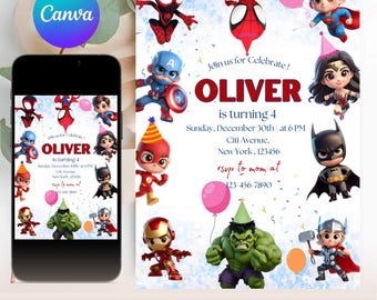 Editable Superheroes Birthday Invitation, Superhero Birthday Invite, Superhero Theme, Marvel Avengers, Download Printable Template