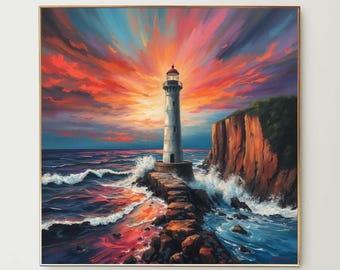 Sunset Lighthouse Wall Art Digital Painting, Abstract Seascape Painting, Large Wall Art, Boho Decor, AI Generated, AI Art