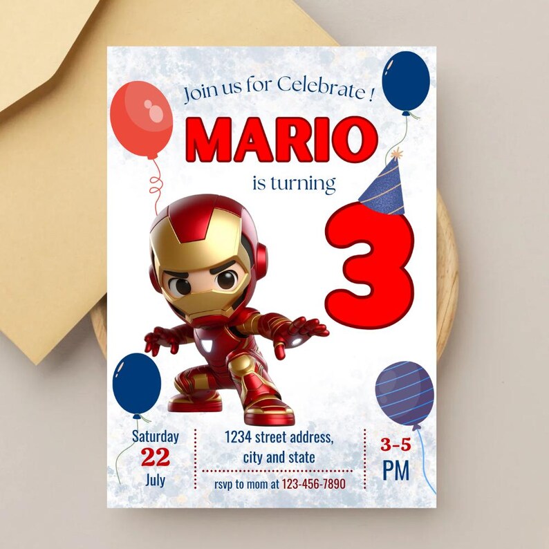 Op de afbeelding: Een verjaardagsuitnodiging met Iron Man-thema. De uitnodiging toont de naam "MARIO" in het rood, het cijfer "3" en de tekst "Join us for Celebrate!". Bevat datum, tijd, adres en RSVP-informatie. Rode en blauwe ballonnen.