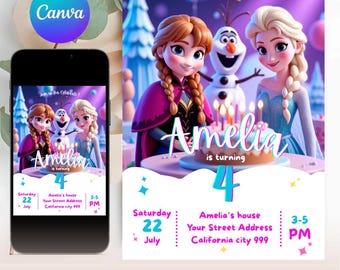 Anna and Elsa Editable Birthday Invitation Template, Instant Download, Digital Birthday Party Invite for Girl, Printable