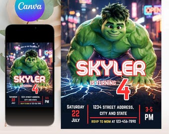 Chibi Hulk Birthday Invitation Editable Template, Avengers superhero digital invitation, super hero invitation card instant download
