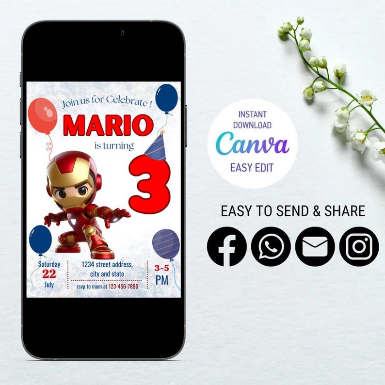 Op de afbeelding: Een smartphone toont een verjaardagsuitnodiging voor Mario. De uitnodiging toont een cartoon Iron Man, rode ballonnen en het nummer 3. Tekst bevat "Join us for Celebrate!" en "Easy to Send & Share."