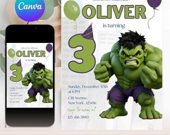 Hulk Editable Invitation, Superhero Birthday Invite, Superhero Theme, Hulk Invite, Avengers, Download Printable Template