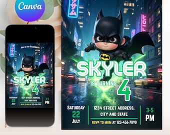 Editable Superhero Birthday Invitation, Bat Theme Party Invite (Digital Download)