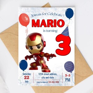 Op de afbeelding: Een verjaardagsuitnodiging met een Iron Man-stripfiguur. De uitnodiging bevat de naam "MARIO", het nummer "3", de tekst "Join us for Celebrate!" en evenementdetails. Rode en blauwe ballonnen sieren de uitnodiging.