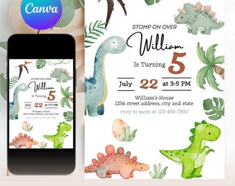 Editable Dinosaur Birthday Party Invitation Template, Dinosaur Birthday Invitation, Dinosaur Invitation, Dinosaur Birthday, Kids Birthday