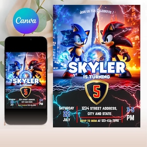 Sonic Birthday Invitation: Super Hedgehog Party, Editable Canva Template (Digital Download 5x7 in