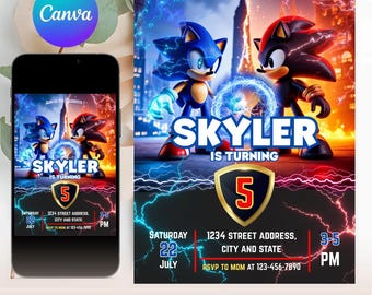 Sonic 3 verjaardagsuitnodiging, Super Hedgehog Boys-feestuitnodiging, Super Sonic-feestuitnodiging, bewerkbare Sonic-uitnodigingssjabloon, Canva-sjabloon