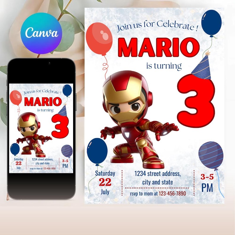 Op de afbeelding: Een verjaardagsuitnodiging met een Iron Man-stripfiguur. De uitnodiging bevat de naam "MARIO" in het rood, het nummer "3" en details zoals datum, tijd en adres. Ballonnen en een feesthoedje versieren het ontwerp.
