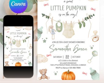 Editable Little Pumpkin Baby Shower Invitation, Baby Clothes Invitation, Printable Fall Pumpkin Baby Shower Invite, Canva Template