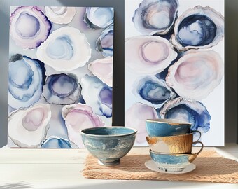 Conjunto de impressão em aquarela Oyster: decoração para casa de praia costeira (download digital)