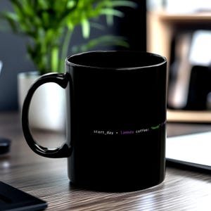 May include: A black ceramic coffee mug with a large handle. The mug has the text "start_day = lambda coffee: "Ready"" in a white and purple font. The mug is on a wooden surface.