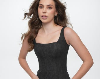 Handmade Gray Denim Women Corset. Custom Plus sizes available, Organic clothing, Slow fashion