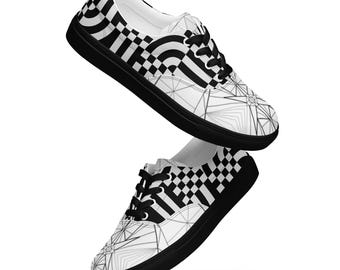 Men's Canvas Sneakers Black & White Geometric - Unique Feespirations Geo™ Design Streetwear Lace-Up Shoes
