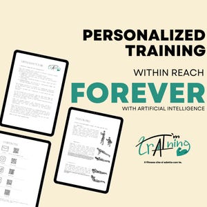 May include: A digital marketing flyer for a personalized training program called "Forever" with artificial intelligence. The flyer features a green and white logo with the text "TrAlning" and the tagline "Il fitness che si adatta con te." The flyer also includes three screenshots of the training program's interface, which includes sections for "Introduction", "Training", and "Contacts".