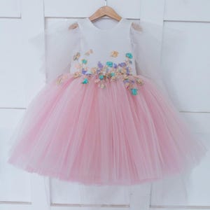 Elegant Pink Flower Girl Dress – Handmade Tulle Princess Gown with 3D Floral Appliqués