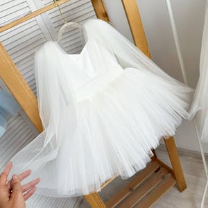 Blush Pink Tulle Flower Girl Dress, Ivory Angel dress – Long Sleeve Princess Dress for Girls, Birthday Party Dress, Toddler Wedding Dress