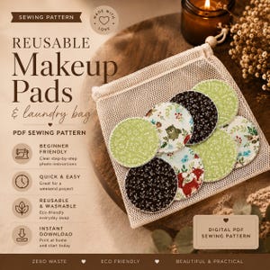Op de afbeelding: Een digitaal PDF-naaipatroon voor herbruikbare make-up pads en een waszak. De afbeelding toont ronde stoffen pads met diverse bloemen-, vossen- en uilenprints in een wit mesh trekkoordzakje, naast tekst over het naaipatroon.