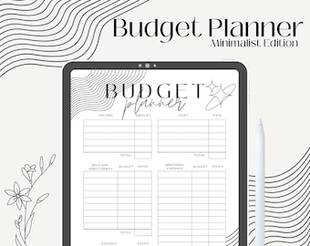 May include: A black and white printable budget planner with the text "Budget Planner Minimalist Edition" and "BUDGET planner" on a white background.