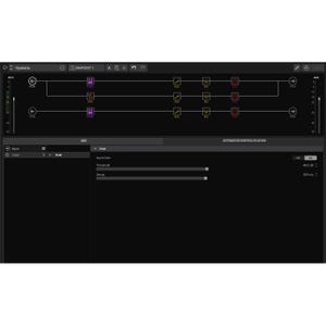 Op de afbeelding: Een screenshot van een digitale audiowerkstation dat een signaalketen toont met een verscheidenheid aan audio-effecten, waaronder een compressor, een equalizer en een delay. De signaalketen is gelabeld als "Hysteria" en de effecten zijn gelabeld met hun namen. De screenshot toont ook een bedieningspaneel met schuifregelaars om de drempelwaarde en de vervaltijd van een ingangspoort aan te passen.