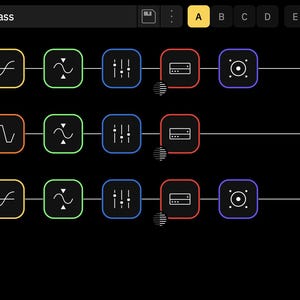 May include: A black screen displays a diagram labeled "1A Hysteria Bass." The diagram features interconnected square icons in various colors, including yellow, green, blue, and red, representing a digital audio interface. Text labels include "In 1," "USB 3/4," and "+".