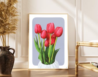 Affiche Tulipe Rouge - Art Mural Botanique - Impression Florale Minimaliste - Art de la Tulipe Hollandaise - Téléchargement Numérique - Décoration de Printemps