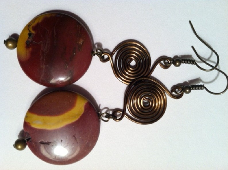 Maroon Mookaite Coin Bead and Brass Wire Earrings EST023 image 2