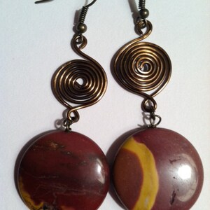 Maroon Mookaite Coin Bead and Brass Wire Earrings EST023 image 1