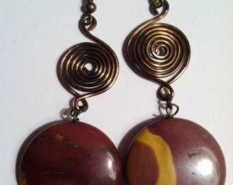 Maroon Mookaite  Coin Bead and Brass Wire Earrings - EST023