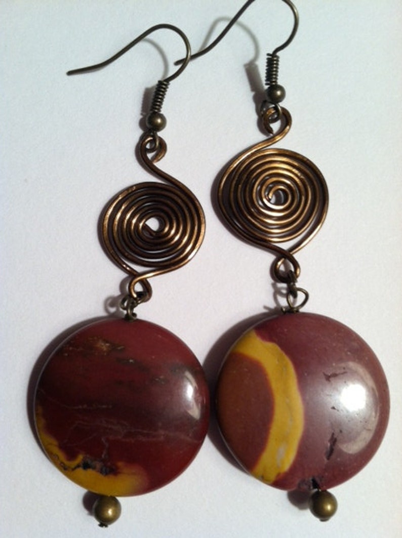 Maroon Mookaite Coin Bead and Brass Wire Earrings EST023 image 1