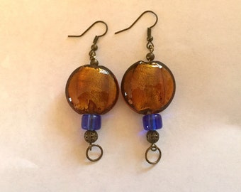 Brown and Blue Earrings,  Chunky Dangle Earrings - EGL002