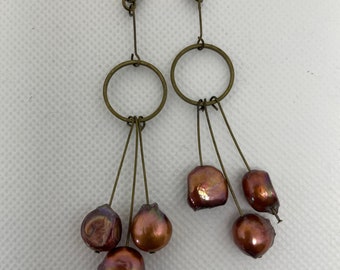 Brass and Pearl Earrings, Brass Dangle Earrings, Dangle Freshwater Pearl Earrings - EML014