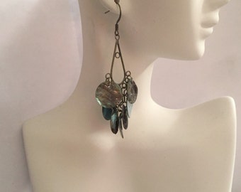 Aquamarine Shell Earrings with Antique Silver, Shell Earrings, Chandelier Earrings - ESL001