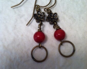 Antique Brass Flower and Coral Dangle Earrings