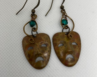 Comedy and Tragedy Mask Earrings, Mask Earrings, Brass Mask Earrings, Dangle Brass Earrings