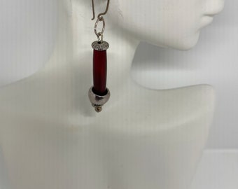 Red Hairpipe and Silver Earrings, Red and Silver Earrings - EBH010